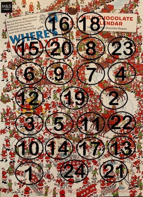 numbers over the wheres wally calnder showing where the door are